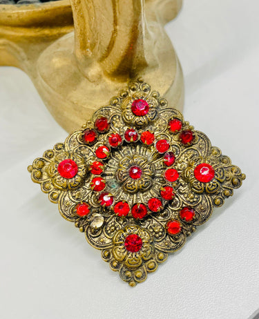 1930s Red Rhinestone Floral Brass Brooch Jewelry Bloomers and Frocks